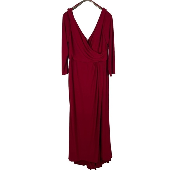 LA FEMME 29044 RED LONG SLEEVE STRETCH FAUX WRAP SURPLICE THIGH HIGH SLIT GOWN - Picture 3 of 14